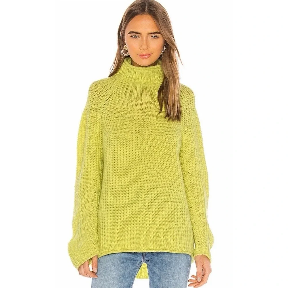 Rag & Bone Womens Joseph Turtleneck Sweater Ribbed Lime Green Oversized Wool XS